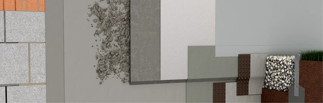 Structure murale avec diff&eacute;rents mat&eacute;riaux de construction et d'isolation, coupe technique pour la r&eacute;novation et la r&eacute;habilitation de fa&ccedil;ades.