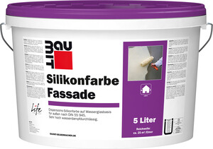 La peinture au silicone pour façade Baumit est disponible en blanc en seau de 5 litres.