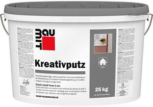 Der Baumit Kreativputz mit 3 mm Körnung ist im 25 kg Eimer in Weiss erhältlich.