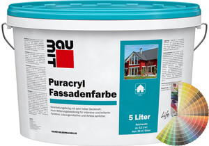Produktbild: Baumit Puracryl Fassadenfarbe im 5 Liter Eimer mit Baumit Farbfächer.