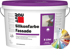 La peinture au silicone pour façade Baumit est disponible en couleur en seau de 5 litres.