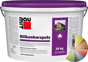 L'enduit à base de résine silicone Baumit est disponible en blanc ou en couleur.