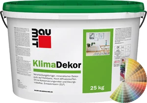 Le Baumit KlimaDekor avec une granulation de 2 mm est disponible en seau de 25 kg dans des teintes pastel.