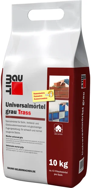 Der Baumit Univeralmörtel grau ist im 10 kg Foliensack erhältlich.