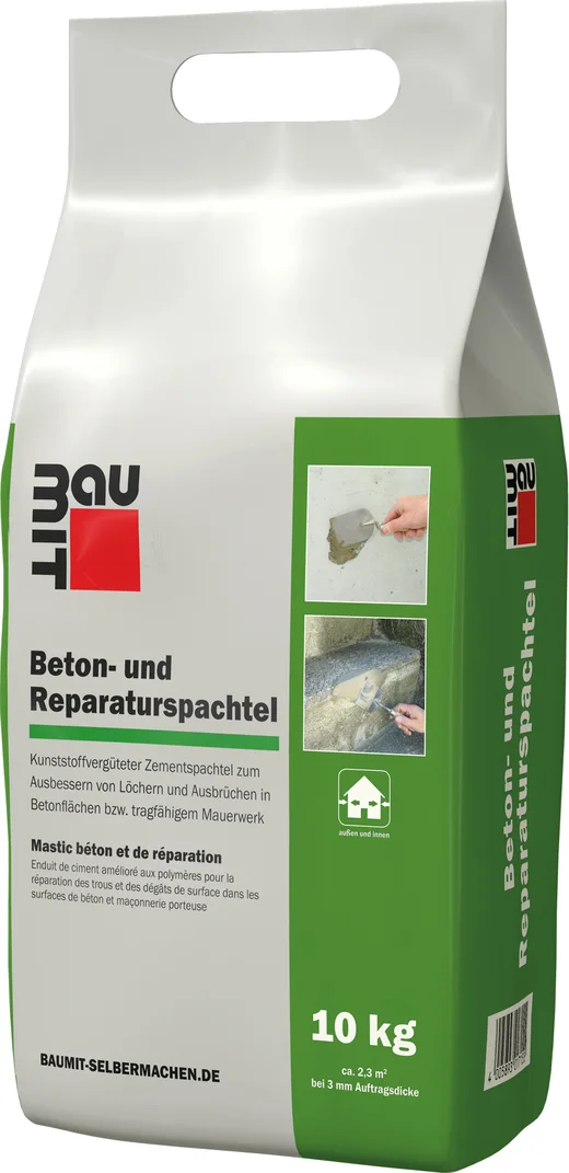 Enduit de béton et de réparation de Baumit, idéal pour colmater les trous et les fissures sur les surfaces en béton, sac de 10 kg.
