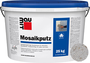 Le crépi mosaïque : teinte M 337 Montblanc est desponible en seau de 25 kg.