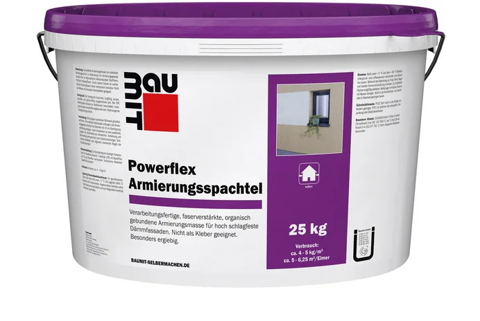 Seau de 25 kg d’enduit d’armature Powerflex de Baumit, idéal pour renforcer les couches d’enduit dans le cadre de projets de rénovation.