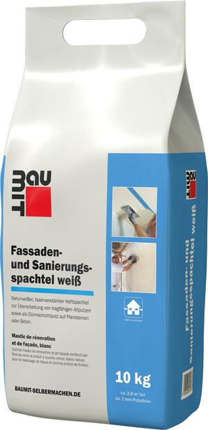 L'enduit pour façades et rénovation blanc Baumit est disponible en sac en film plastique de 10 kg.iß