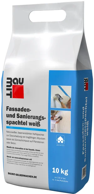 Der Baumit Fassaden- und Sanierungsspachtel weiss ist im 10 kg Foliensack erhältlich.
