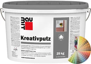 L'enduit créatif Baumit d'une granulométrie de 3 mm est disponible en seau de 25 kg en couleur.