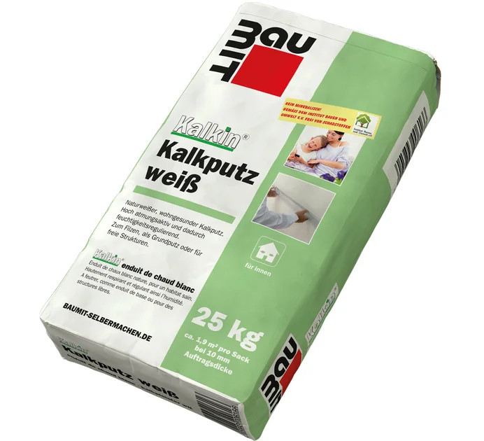 Enduit à la chaux blanc Kalkin, sac de 25 kg, idéal pour des enduits intérieurs et extérieurs résistants et respirants.