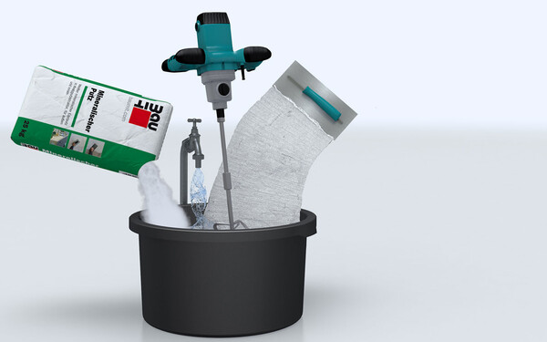 Mörtelkübel, Wasser, mineralischer Putz und Kelle