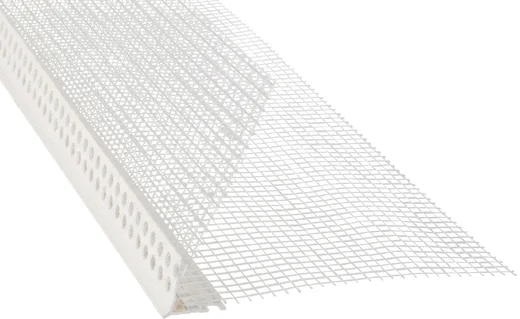 Weißes Eckprofil mit integriertem Gewebe für präzise Putzarbeiten an Außenecken. Ideal für Heimwerkerprojekte.
