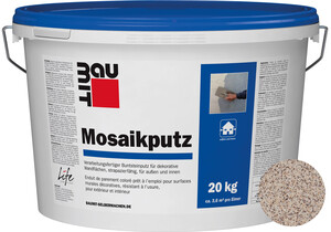 Le crépi mosaïque : teinte M 307 Bistra est desponible en seau de 20 kg.