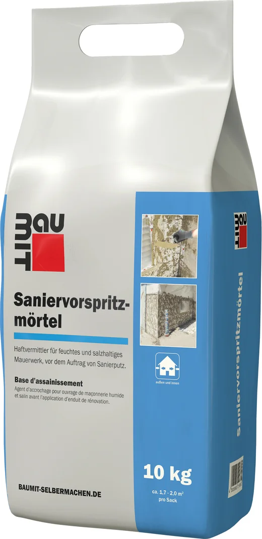 Sanier-Vorspritzmörtel von Baumit: für feuchtes Mauerwerk, ideal zur Sanierung und Renovierung im Heimwerkerbereich.