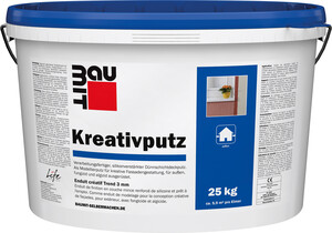 Der Baumit Kreativputz mit 4 mm Körnung ist im 25 kg Eimer in Weiss erhältlich.