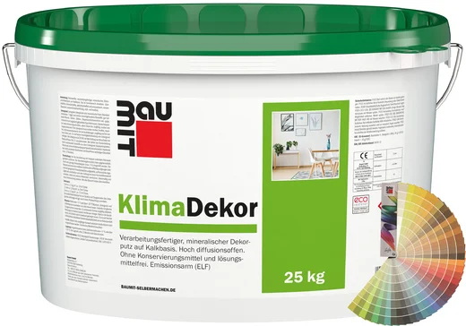 Der Baumit KlimaDekor mit 2 mm K&ouml;rnung ist im 25 kg Eimer in Pastellt&ouml;nen erh&auml;ltlich.