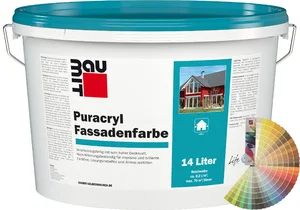 Produktbild: Baumit Puracryl Fassadenfarbe im 14 Liter Eimer mit Baumit Farbfächer.