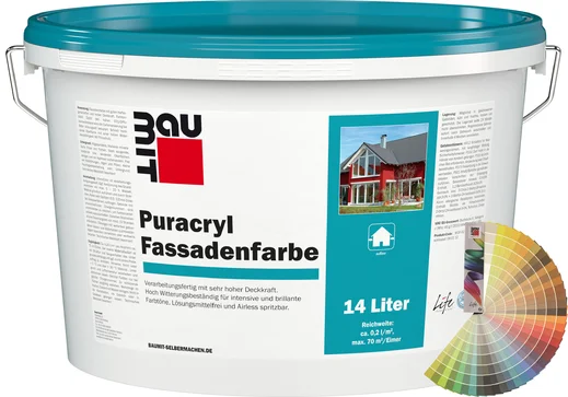 Produktbild: Baumit Puracryl Fassadenfarbe im 14 Liter Eimer mit Baumit Farbfächer.