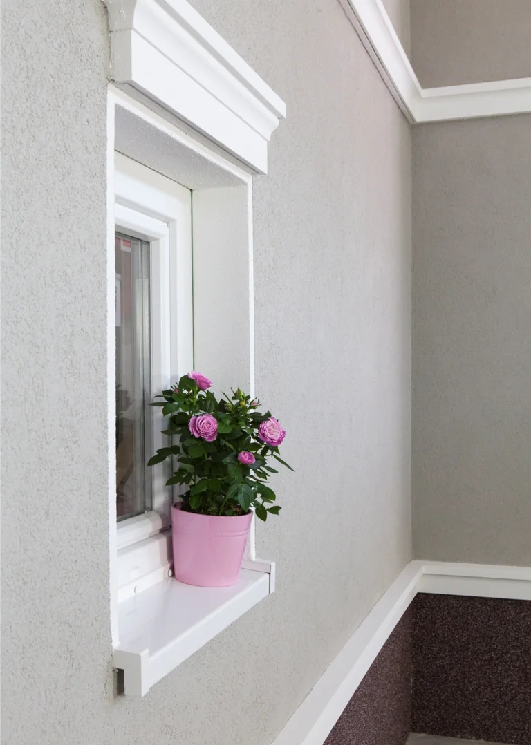 Appui de fenêtre avec un pot de fleurs rose et une plante en fleur, entouré d’une façade récemment crépie dans une teinte claire.