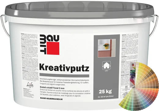 L'enduit créatif Baumit est disponible en seau de 25 kg, prêt à l'emploi.