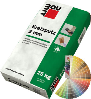 L'enduit gratté Baumit d'une granulométrie de 2 mm est disponible en sac de 25 kg en couleur.