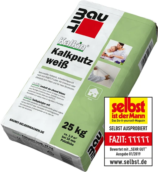 Enduit à la chaux Baumit blanc 25 kg : enduit à la chaux de haute qualité, sain pour l’habitat, facile à appliquer pour les bricoleurs, pour des murs lisses et résistants.