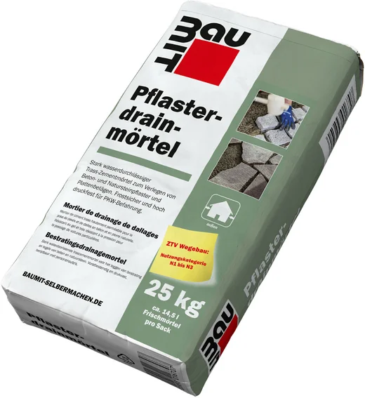 Le mortier de drainage de pavages Baumit est disponible en sac papier de 25 kg.