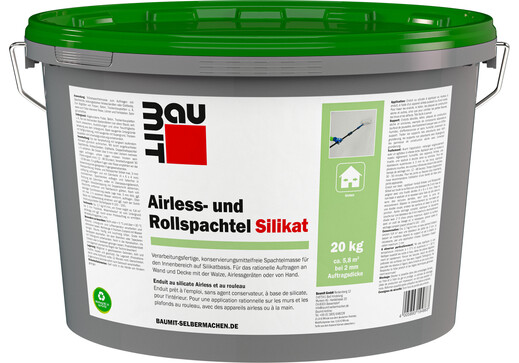 L'enduit au silicate Airless et au rouleau Baumit est disponible en seau de 20 kg.