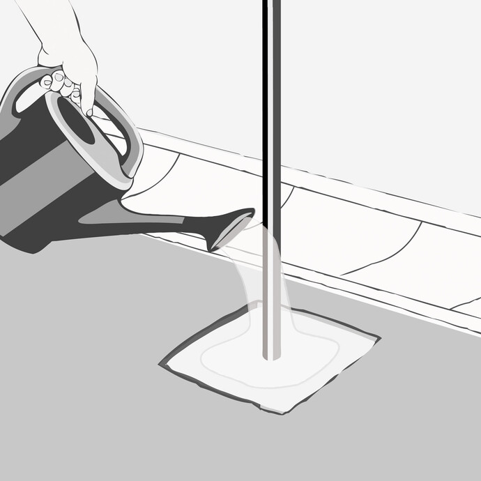 Garten- und Landschaftsbaubeton Fix nochmals gut mit Wasser in einer Gießkanne durchfeuchten, Zaunsäule erneut ausrichten und gegebenenfalls mit Brettern sichern. 