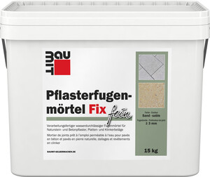 Der Pflasterfugenmörtel Fix Fein ist in der Farbe Sand in 15 Kilo Eimern erhältlich.