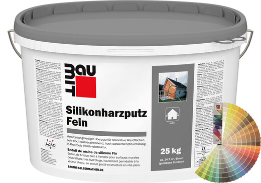 L'enduit à base de résine silicone fine Baumit est disponible en blanc et en couleur et est destiné à la conception de façades.
