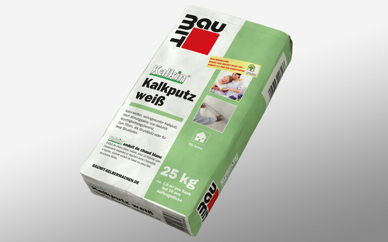 Produktfoto auf grauem Hintergrund: Baumit Kalkin Kalkputz weiss - grüner 25 kg Sack.