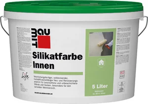 La peinture intérieure au silicate Baumit est disponible en blanc dans un seau en plastique de 5 litres.