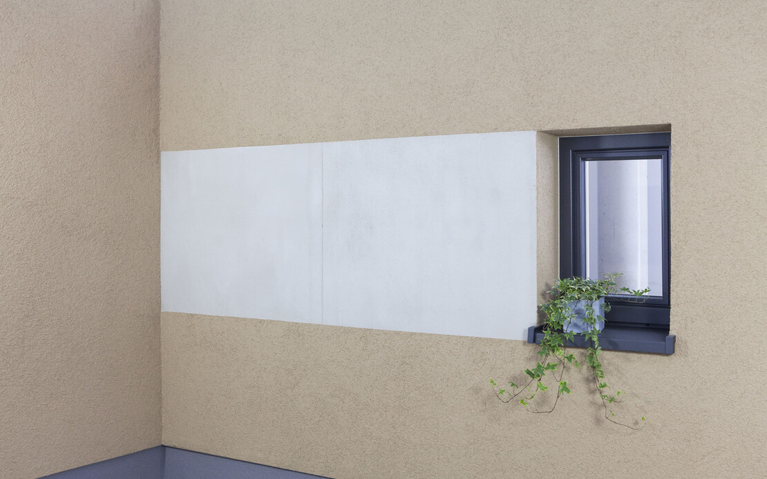 Moderne beigefarbene Fassadenfläche mit aufgetragener Betonoptik als Akzent neben dem anthrazitfarbenem Fenster mit grüner Kletterpflanze. auf dem Fensterbrett.