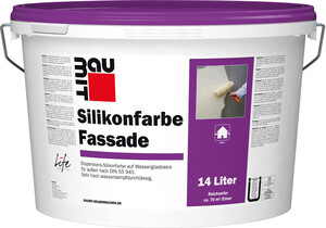 La peinture au silicone pour façade Baumit est disponible en blanc en seau de 14 litres.