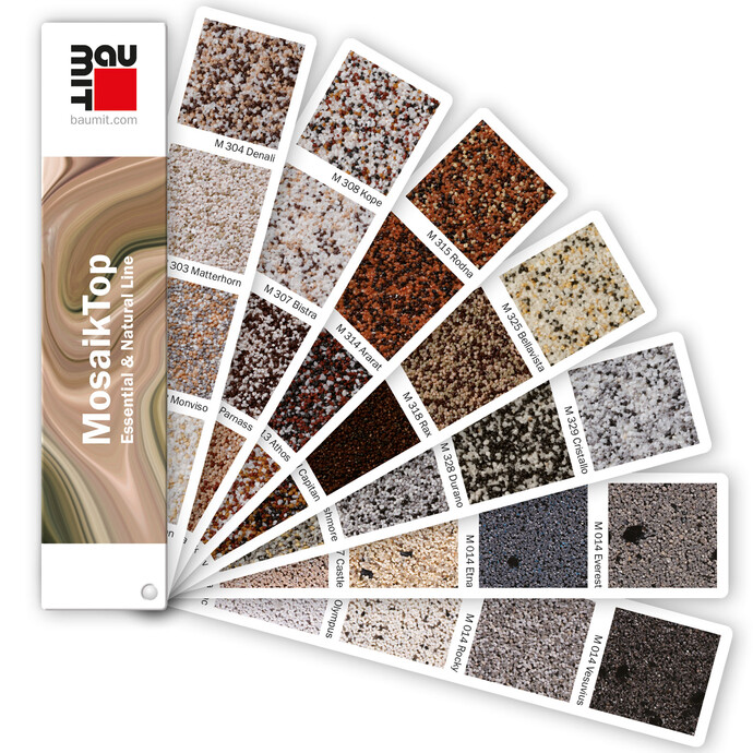 Baumit Mosaikputze Buntsteinputze sind in 30 Farbvarianten erhältlich.