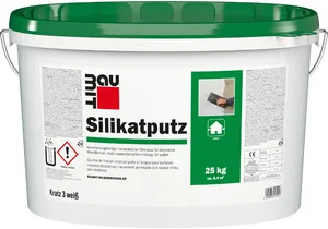L'enduit au silicate Baumit d'une granulométrie de 3 mm est disponible en seau de 25 kg en blanc.