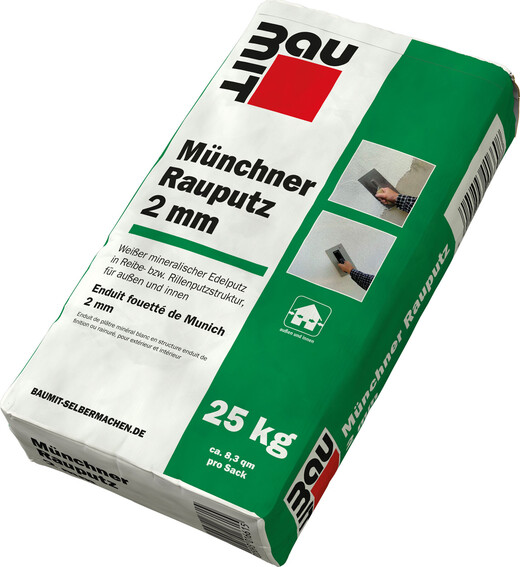 25-kg-Sack Münchner Rauputz 2 mm von Baumit, geeignet zum Fassaden verputzen mit feiner Reibestruktur in 2 mm Körnung.