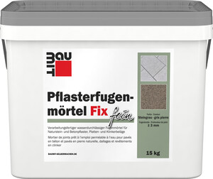 Der Pflasterfugenmörtel Fix Fein von Baumit ist in der Farbe Steingrau in 15 Kilo Eimern erhältlich.