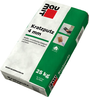 L'enduit gratté Baumit avec une granulométrie de 4 mm est disponible en sac de 25 kg en blanc.