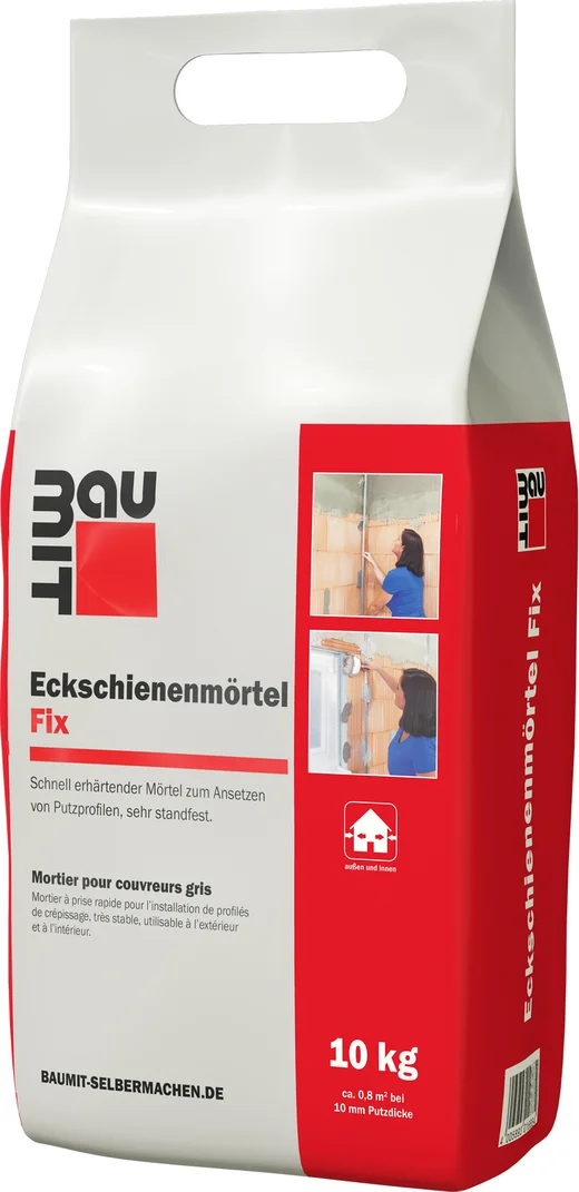 Mortier pour cornières d’angle de Baumit, idéal pour la pose précise de profilés d’angle dans le cadre de projets de rénovation ; sac de 10 kg.
