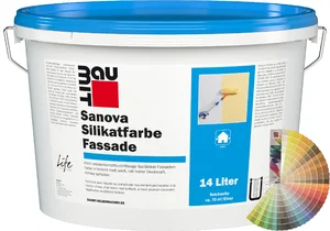 Produktbild: Baumit Sanova Silikatfarbe Fassade im 14 Liter Eimer mit Baumit Farbfächer.