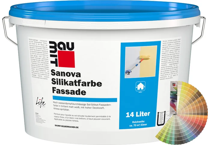Produktbild: Baumit Sanova Silikatfarbe Fassade im 14 Liter Eimer mit Baumit Farbfächer.