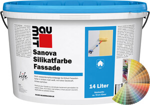 Produktbild: Baumit Sanova Silikatfarbe Fassade im 14 Liter Eimer mit Baumit Farbfächer.