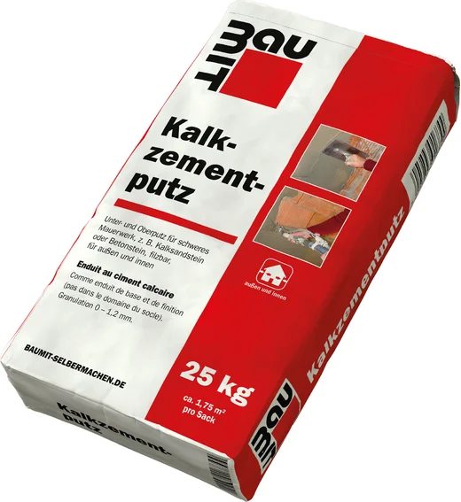 Enduit de chaux-ciment Baumit, sac de 25 kg, pour applications intérieures et extérieures, idéal pour enduire les murs et les plafonds.