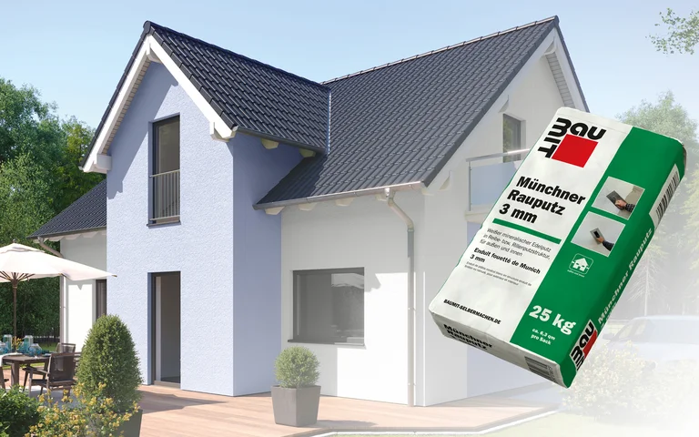 Modernes Einfamilienhaus mit glatter Außenfassade, präsentiert mit Baumit Münchner Rauputz 3 mm für eine stilvolle Oberflächengestaltung.