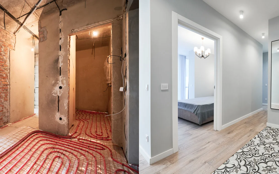 Vorher-Nachher-Vergleich von Renovierung: Rohbau mit Fu&szlig;bodenheizung, fertig renoviertes Zimmer mit Holzfu&szlig;boden.