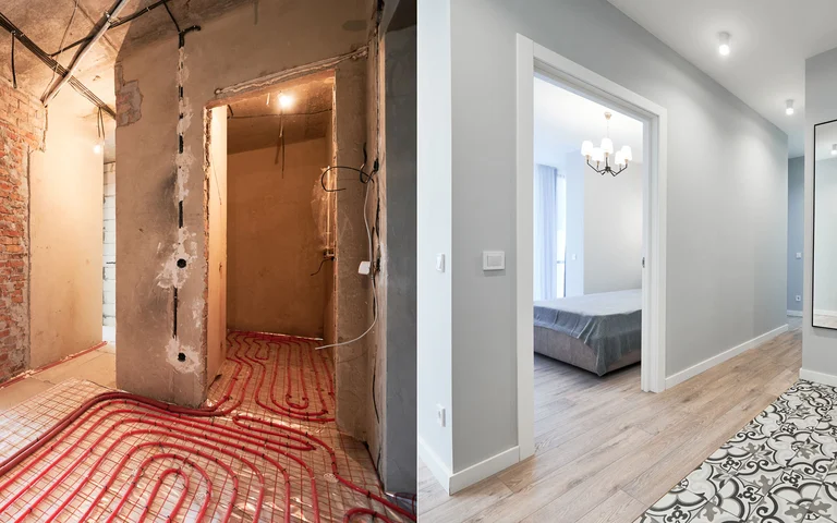 Vorher-Nachher-Vergleich von Renovierung: Rohbau mit Fußbodenheizung, fertig renoviertes Zimmer mit Holzfußboden.