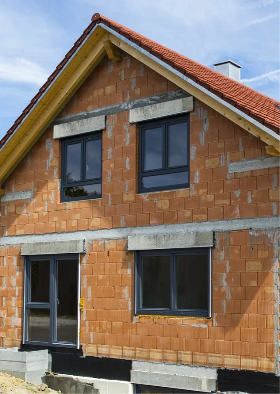 Rohbau eines Einfamilienhauses mit unverputzter Fassade, Fenster eingebaut, Dach gedeckt, bereit für Innenausbau.